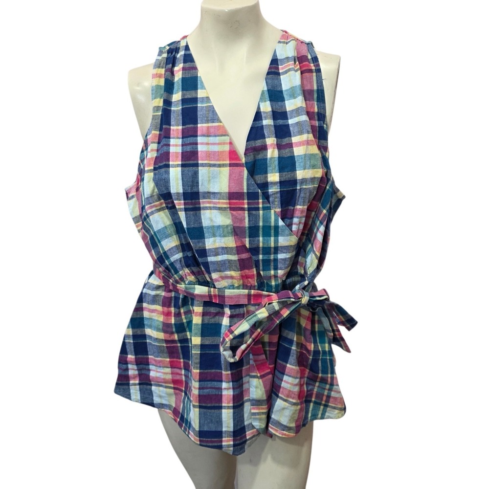 Lane Bryant 14 Linen Cotton Plaid Faux Wrap Sleeveless Peplum Tie Waist Top